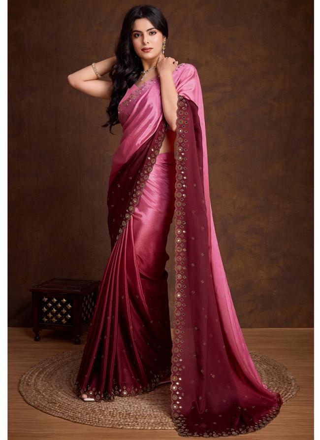 Two Tone Shaded Chinnon Pink Party Wear Swarovski Work Saree